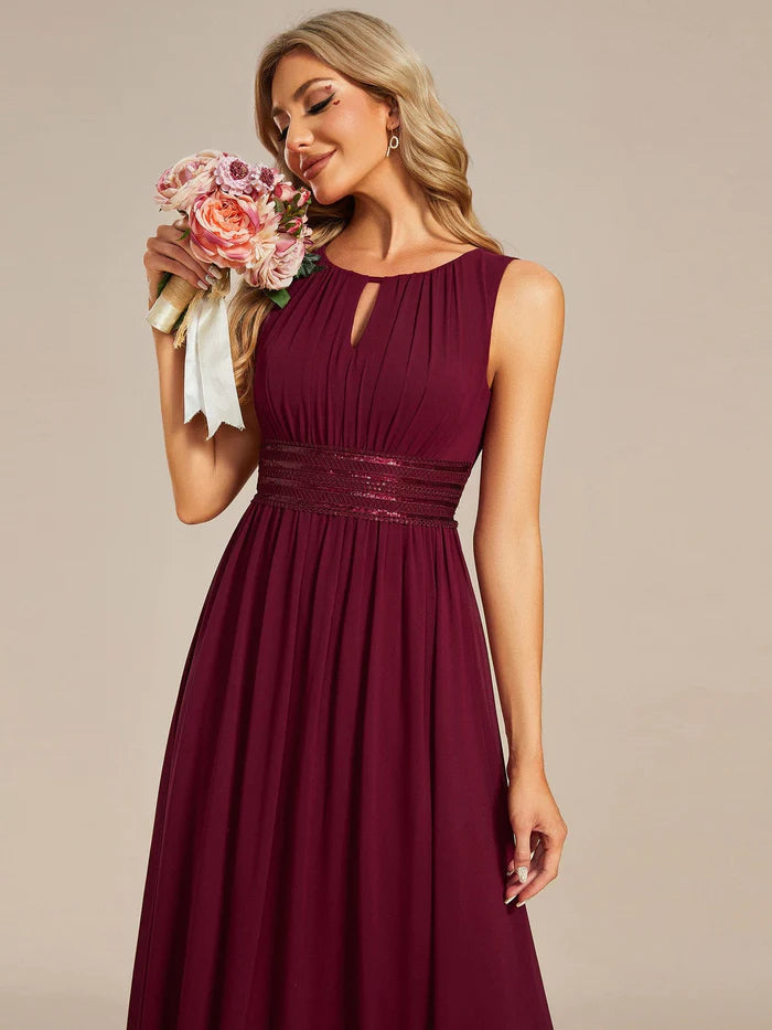 Simple Sleeveless A-line Chiffon Bridesmaid Dess with Hollow Out Detail