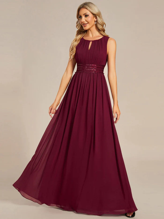 Simple Sleeveless A-line Chiffon Bridesmaid Dess with Hollow Out Detail