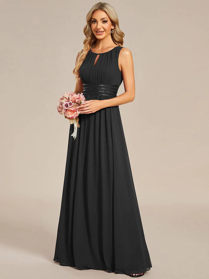 Simple Sleeveless A-line Chiffon Bridesmaid Dess with Hollow Out Detail