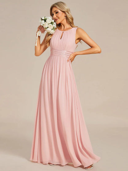 Simple Sleeveless A-line Chiffon Bridesmaid Dess with Hollow Out Detail