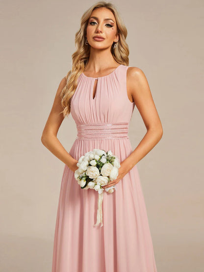 Simple Sleeveless A-line Chiffon Bridesmaid Dess with Hollow Out Detail