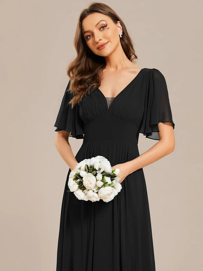 Simple Chiffon Short Sleeves Empire Waist A-Line Maxi Bridesmaid Dress