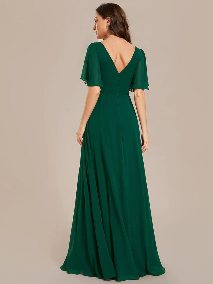 Simple Chiffon Short Sleeves Empire Waist A-Line Maxi Bridesmaid Dress