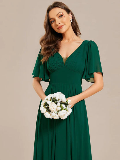 Simple Chiffon Short Sleeves Empire Waist A-Line Maxi Bridesmaid Dress