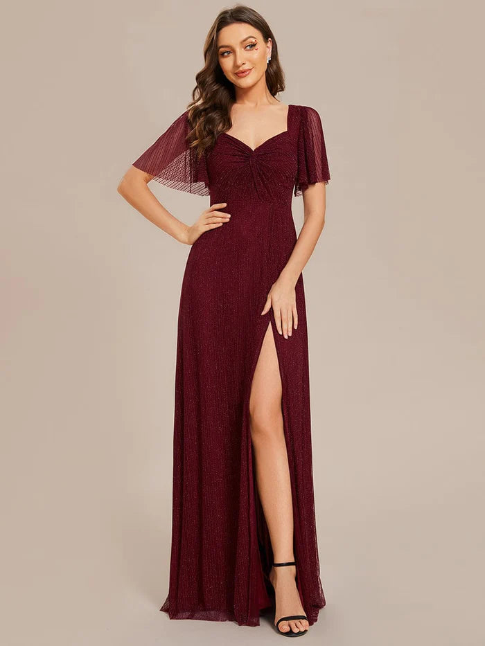 Glittery A-Line High Slit Elastic Waist Short Sleeves Back Lace-Up Bridesmaid Dress