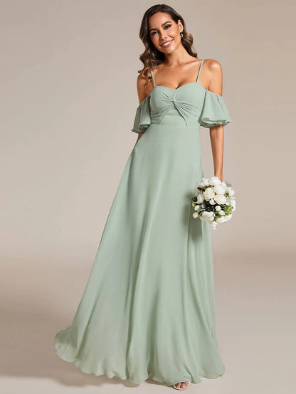 Spaghetti Strap Sweetheart Chiffon A-line Bridesmaid Dess with Knot