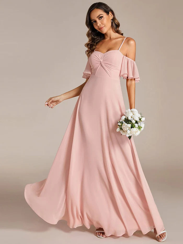 Spaghetti Strap Sweetheart Chiffon A-line Bridesmaid Dess with Knot