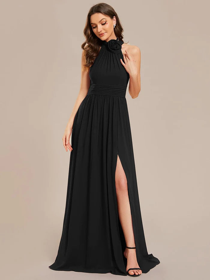 Chiffon Halter Straps Sleeveless Pleated A-Line High Slit Maxi Bridesmaid Dress