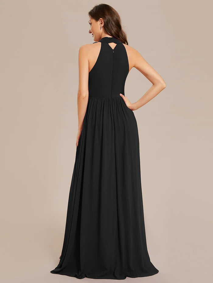 Chiffon Halter Straps Sleeveless Pleated A-Line High Slit Maxi Bridesmaid Dress