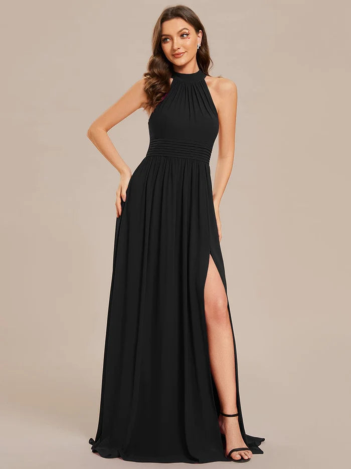 Chiffon Halter Straps Sleeveless Pleated A-Line High Slit Maxi Bridesmaid Dress