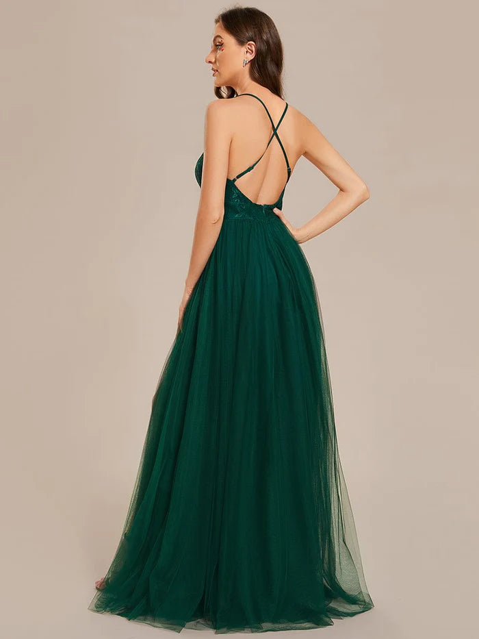 Spaghetti Straps Backless A-Line Lace Tulle Bridesmaid Dress