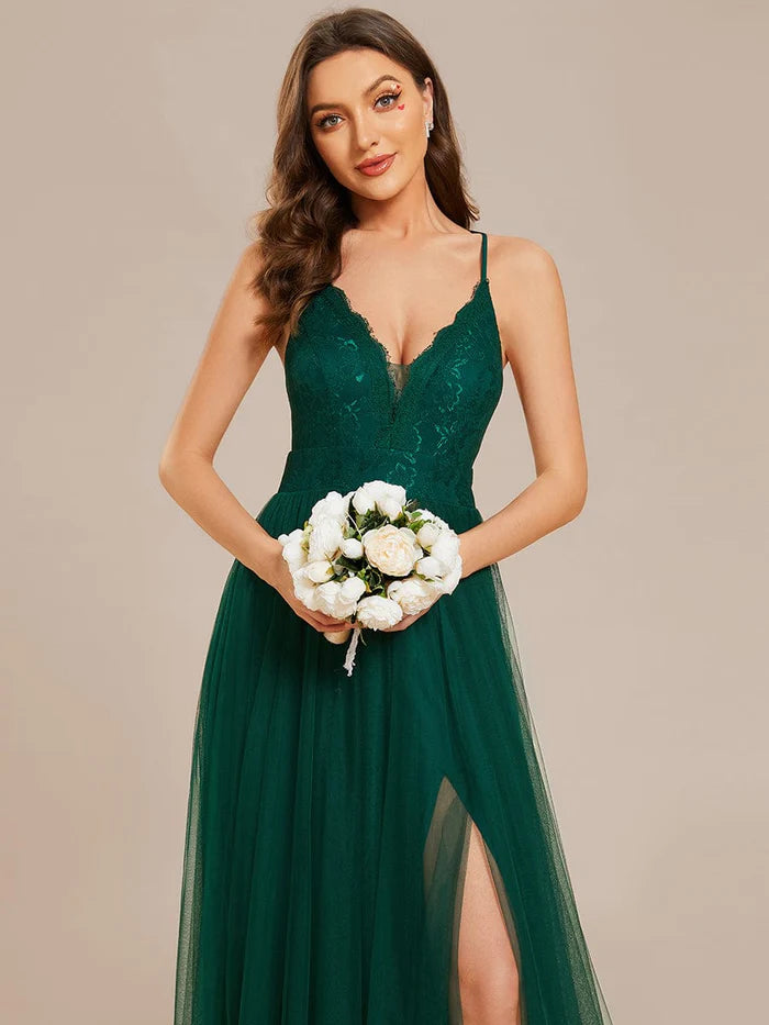 Spaghetti Straps Backless A-Line Lace Tulle Bridesmaid Dress