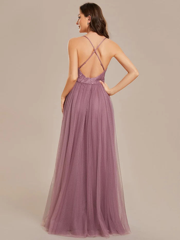 Spaghetti Straps Backless A-Line Lace Tulle Bridesmaid Dress