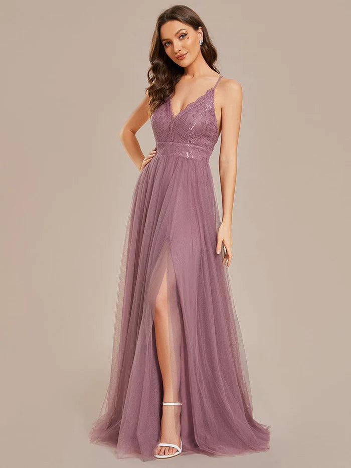 Spaghetti Straps Backless A-Line Lace Tulle Bridesmaid Dress