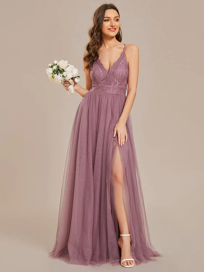 Spaghetti Straps Backless A-Line Lace Tulle Bridesmaid Dress