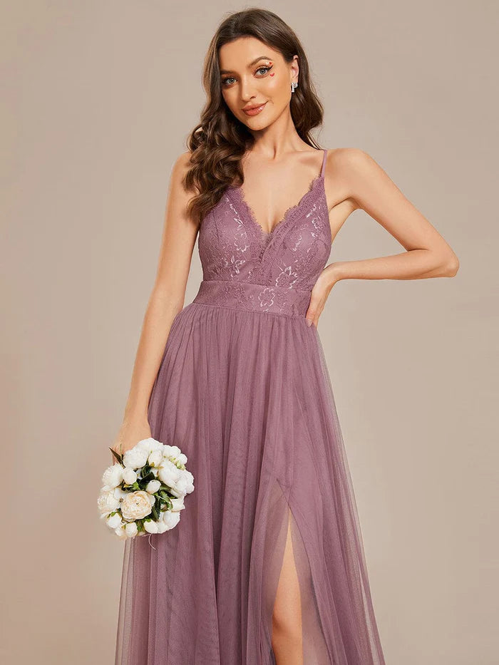 Spaghetti Straps Backless A-Line Lace Tulle Bridesmaid Dress