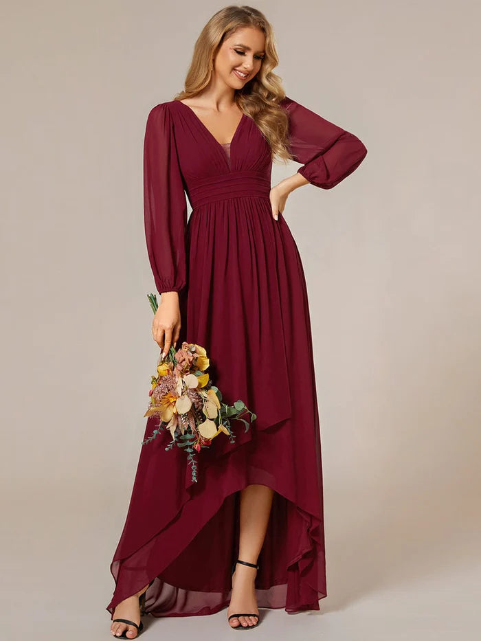 A-Line Pleated See-Through Long Lantern Midi Chiffon Bridesmaid Dress