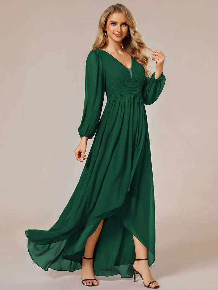 A-Line Pleated See-Through Long Lantern Midi Chiffon Bridesmaid Dress