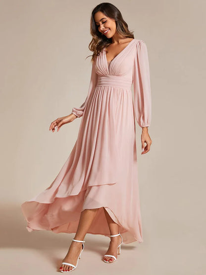 A-Line Pleated See-Through Long Lantern Midi Chiffon Bridesmaid Dress