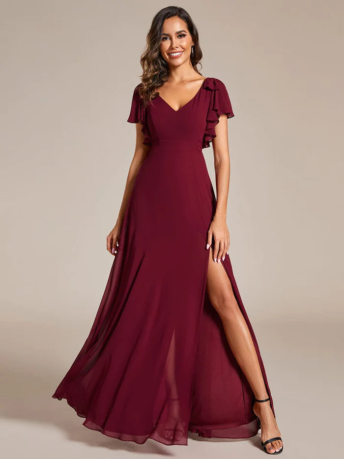 Short Sleeves with Bowknot High Front Slit A-Line Chiffon Bridesmaid Dress