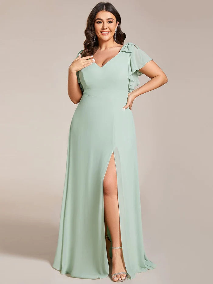 Short Sleeves with Bowknot High Front Slit A-Line Chiffon Bridesmaid Dress