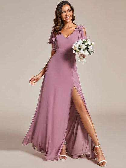 Short Sleeves with Bowknot High Front Slit A-Line Chiffon Bridesmaid Dress