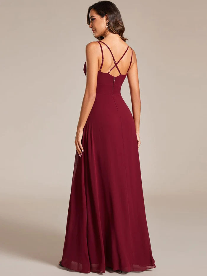 Deep V-Neck High Front Slit Spaghetti Strap Back X-Cross Bridesmaid Dress