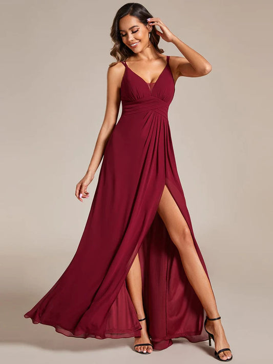 Deep V-Neck High Front Slit Spaghetti Strap Back X-Cross Bridesmaid Dress