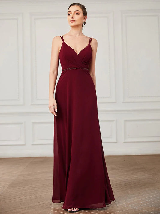 Sequin Belted Double Spaghetti Strap Chiffon Bridesmaid Dress