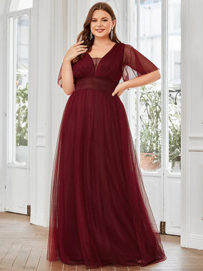 Plus Size A-Line Short Sleeve V-Neck Tulle Bridesmaid Dress