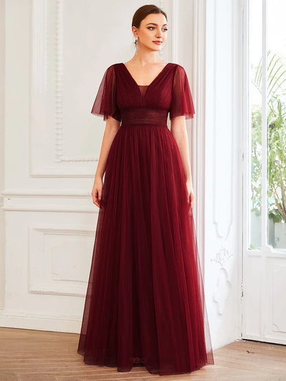 Pleated A-Line Short Sleeve Double V-Neck Tulle Bridesmaid Dress