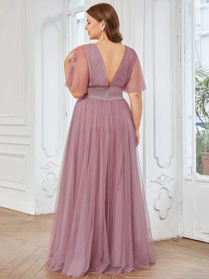 Plus Size A-Line Short Sleeve V-Neck Tulle Bridesmaid Dress