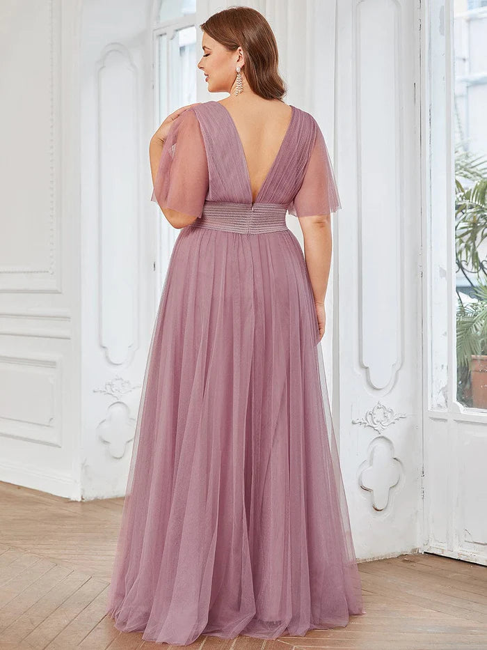 Pleated A-Line Short Sleeve Double V-Neck Tulle Bridesmaid Dress