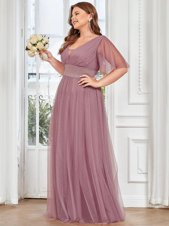 Plus Size A-Line Short Sleeve V-Neck Tulle Bridesmaid Dress