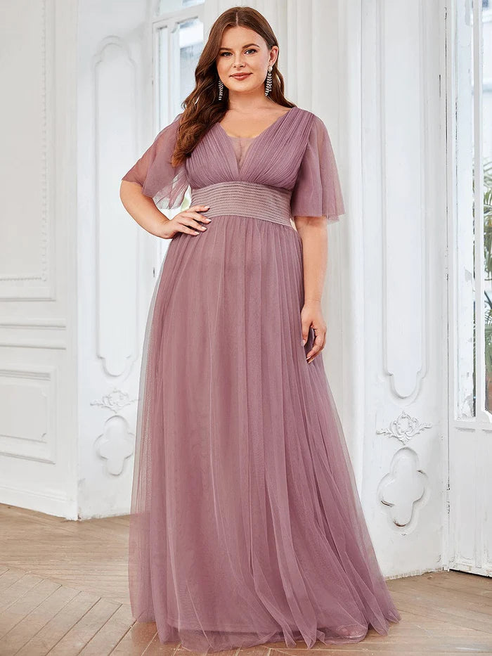 Pleated A-Line Short Sleeve Double V-Neck Tulle Bridesmaid Dress