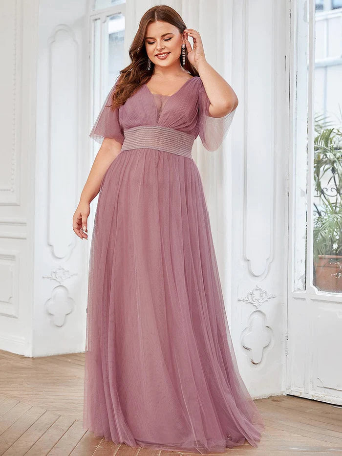 Plus Size A-Line Short Sleeve V-Neck Tulle Bridesmaid Dress