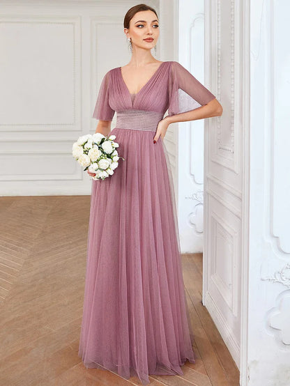 Pleated A-Line Short Sleeve Double V-Neck Tulle Bridesmaid Dress