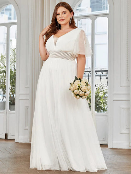 Plus Size A-Line Short Sleeve V-Neck Tulle Bridesmaid Dress