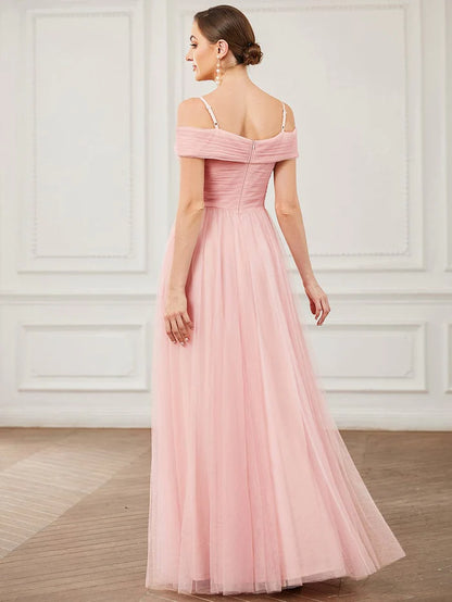 Cross Over Spaghetti Strap Cold Shoulder Pleated Tulle Bridesmaid Dress