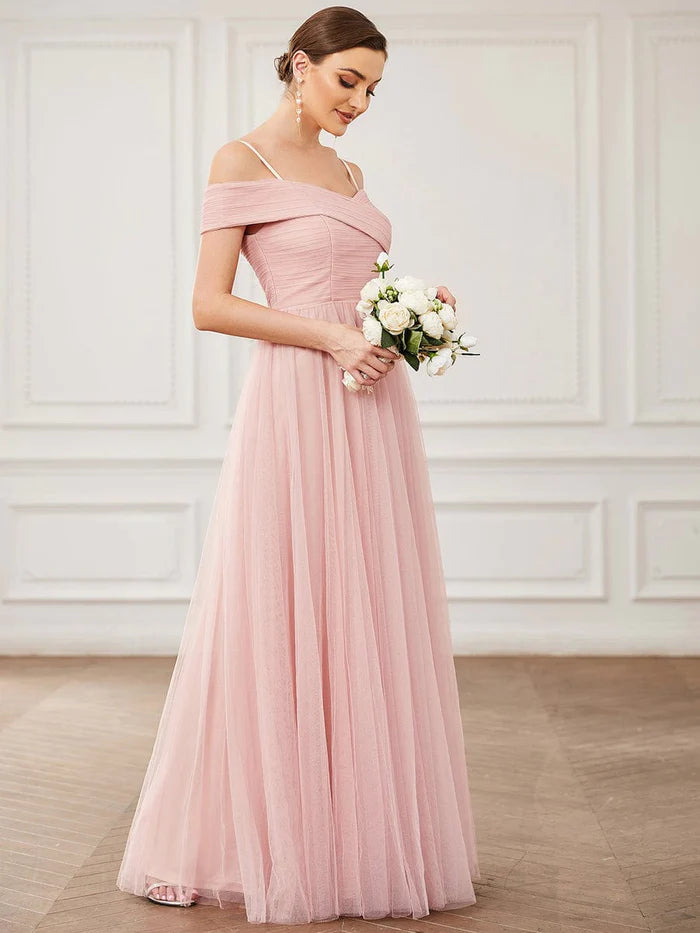 Cross Over Spaghetti Strap Cold Shoulder Pleated Tulle Bridesmaid Dress