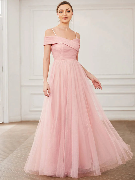 Cross Over Spaghetti Strap Cold Shoulder Pleated Tulle Bridesmaid Dress