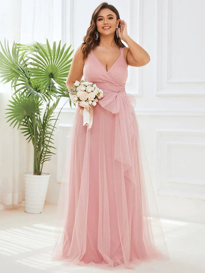 Floor Length Double V Neck Tulle Bridesmaid Dresses