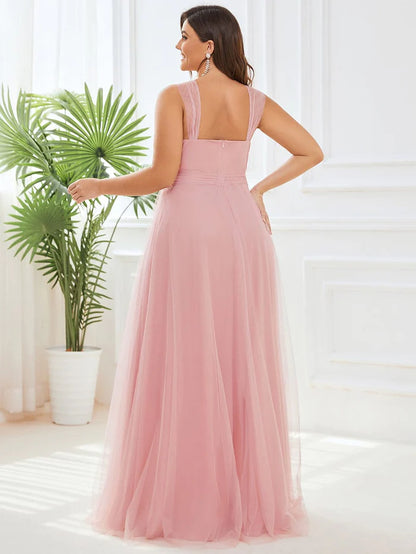 Plus Size Maxi Long Double V Neck Tulle Bridesmaid Dresses