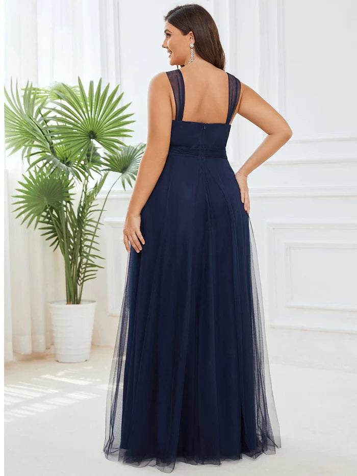 Plus Size Maxi Long Double V Neck Tulle Bridesmaid Dresses