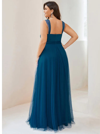 Plus Size Maxi Long Double V Neck Tulle Bridesmaid Dresses