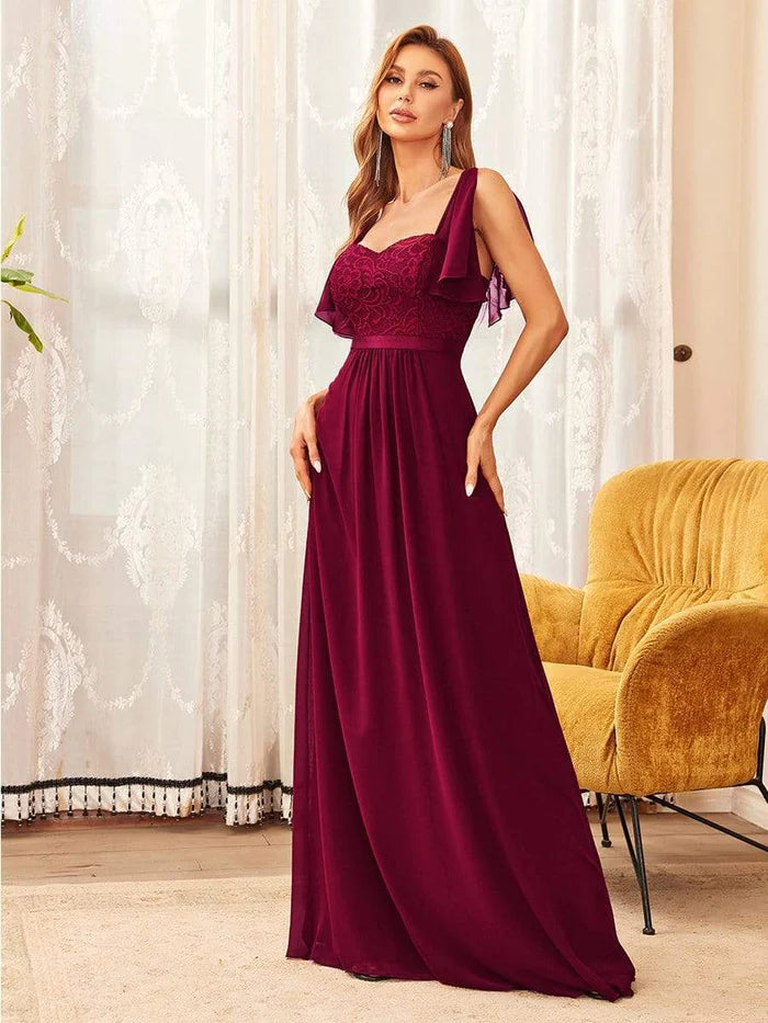 Elegant Sweetheart Flutter Sleeve Lace Split Bridesmaid Dress