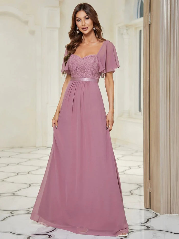 Elegant Sweetheart Flutter Sleeve Lace Split Bridesmaid Dress