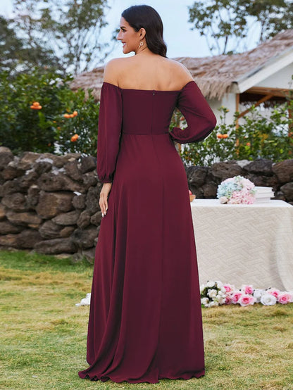 High-Slit Waist Pleated Off Shoulder Chiffon Bridesmaid Dress with Long Sleeves