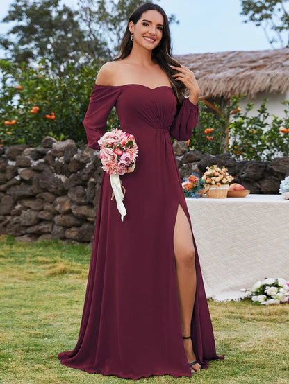 High-Slit Waist Pleated Off Shoulder Chiffon Bridesmaid Dress with Long Sleeves