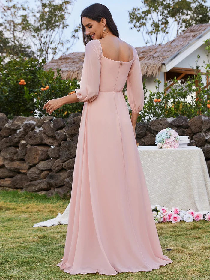 High-Slit Waist Pleated Off Shoulder Chiffon Bridesmaid Dress with Long Sleeves